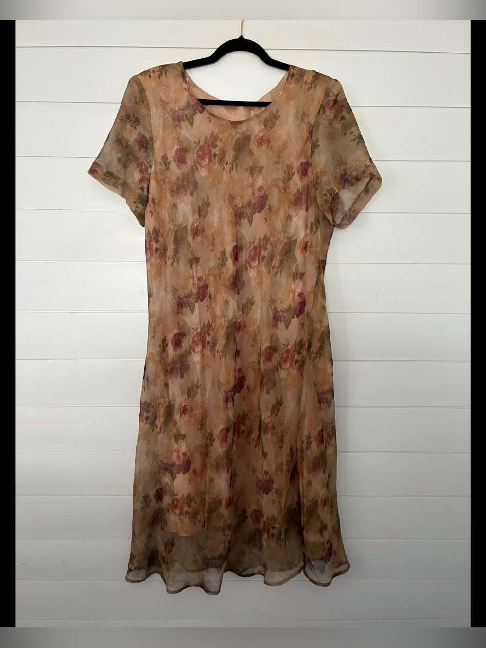Vintage 90s Romantic Sheer Floral Watercolor Dress in Neutral Earth Tones